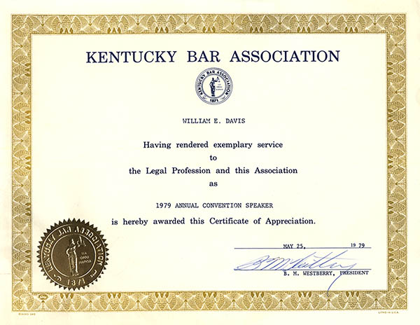 Certificate of Appreciation - Kentucky Bar Association